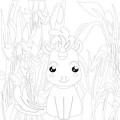 Unicorn  Coloring Pages. Coloring Book  vector. Horse head step. Colored book. Black and white sticker, icon isolated. Cute magic cartoon fantasy animal. Dream symbol. Design for children,  