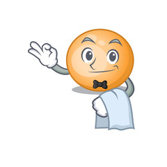 A cartoon character of staphylocuccus aureus waiter working in the restaurant