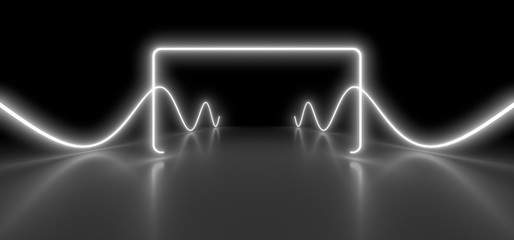 Colored luminous geometric shape on a black background. Blurred reflection on the floor. 3d rendering image.