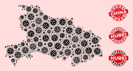 Outbreak composition of flu viral mosaic Hubei Province map and scratched seals. Vector red seals with corroded rubber texture and Outbreak Warning caption.
