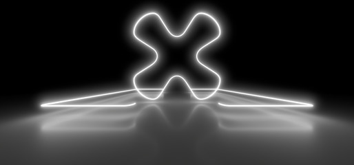 Obraz premium Colored luminous geometric shape on a black background. Blurred reflection on the floor. 3d rendering image.