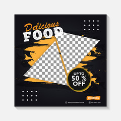 Editable minimal square banner post template. Black, yellow, orange background layout template for food and drink business. Suitable for social media post and web internet ads. Vector illustration