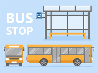 Set of yellow city bus with front and side view and bus stop Isolated vector illustration. Flat style concept of public transport.