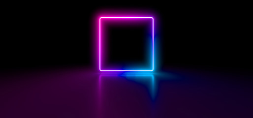 Colored luminous geometric shape on a black background. Blurred reflection on the floor. 3d rendering image.