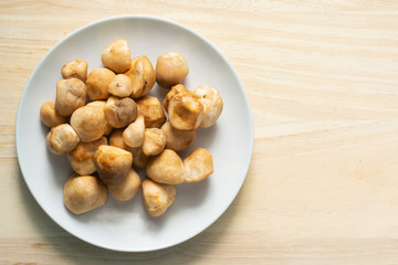 Fresh straw mushrooms, cleaned and ready to cook on a white plate on a wooden background.