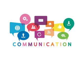 Vector illustration of a communication concept. The word communication with colorful dialog speech bubbles
