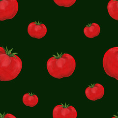 Red whole round tomatoes in profile - seamless pattern. Raster tomato hand drawn in a realistic style isolated on a dark green background