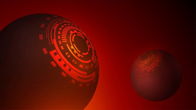 Red background with futuristic glowing balls, abstract apocalyptic space