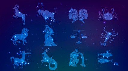 A set of zodiac constellation in starry sky, horoscope and astrology © lidiia