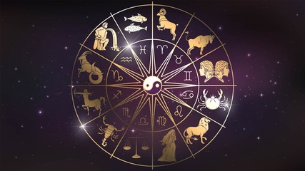 Golden wheel chart with zodiac signs in space, astrology and horoscope