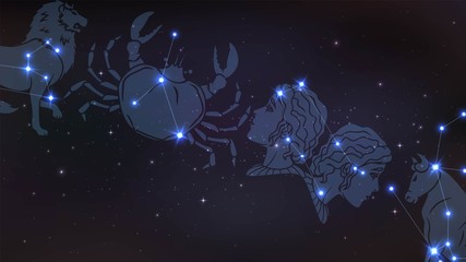 Night starry sky with the zodiac constellations and their images © lidiia