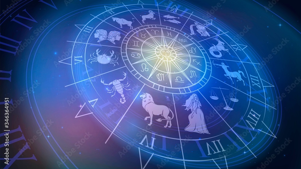 Wall mural wheel chart with zodiac signs in space, astrology and horoscope