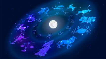 Zodiac signs revolve around the moon in space, astrology and horoscope - obrazy, fototapety, plakaty