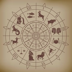 Wheel chart with zodiac signs on ancient paper, astrology and numerology