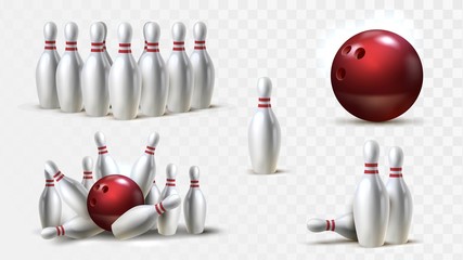 Bowling equipment set, white skittles and red ball