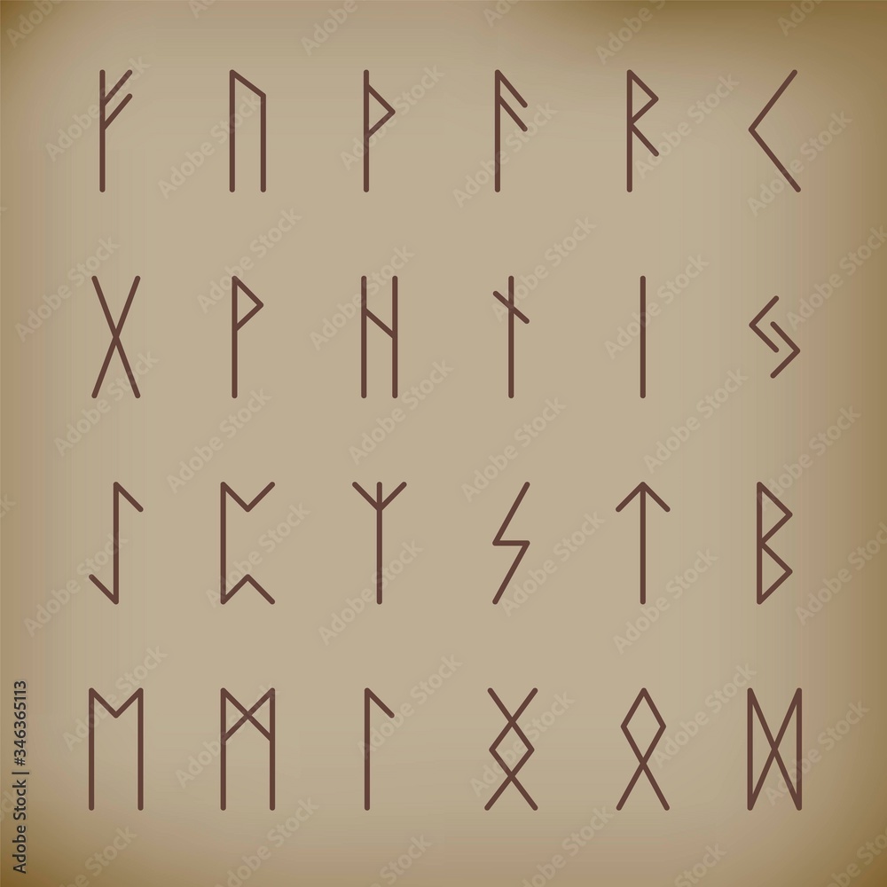 Wall mural set of signs of the scandinavian magic runes, medieval pagan alphabet