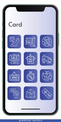 card icon set. included online shop, sale, shirt, phone call, discount, delivery truck, placeholder, internet, open, stopwatch icons on phone design background . linear styles.