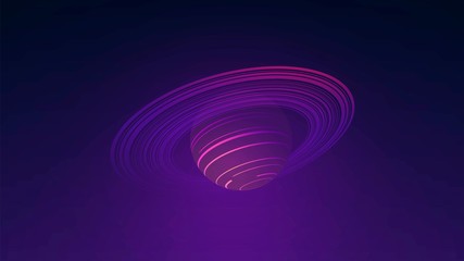 Futuristic neon pink planet with rings on a dark background, space wallpaper