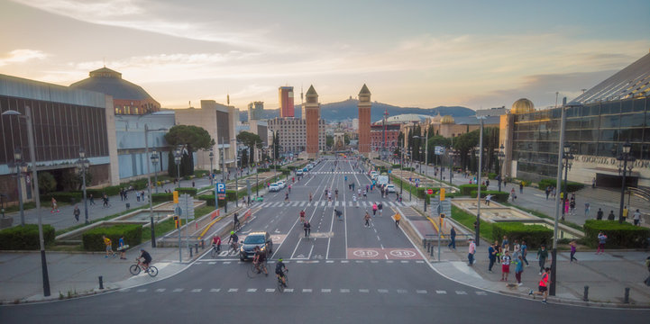 Aerial view in Montjuic, Barcelona, Spain  one of the most visited cities in the world. Drone Shoot