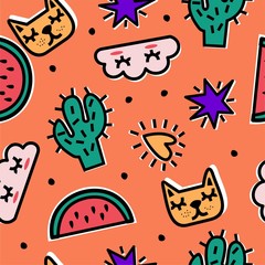 Seamless vector pattern. Bright background with cartoon characters. Stickers. - 346365704