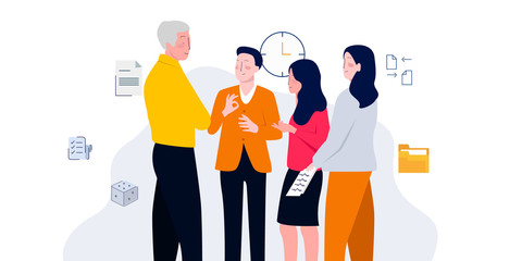 business people negotiating with colleagues about the projects. modern style vector illustration concept of business chat discussion.