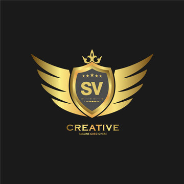 Abstract letter SV shield logo design template. Premium nominal monogram business sign.