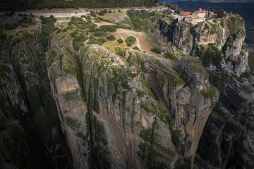 Aerial view of monastery on a high steep rock, Meteora, Greece