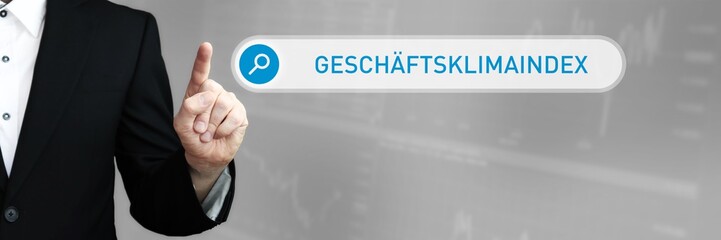 Geschäftsklimaindex. Mann im Anzug zeigt mit dem Finger auf ein Suchfeld. Der Begriff Geschäftsklimaindex steht in der Suche. Symbol für Business, Finanzen, Statistik, Analyse, Wirtschaft