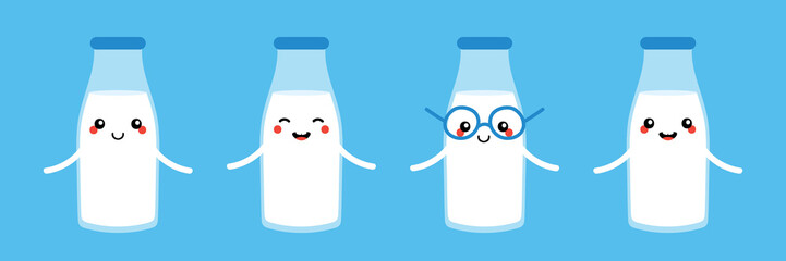 Set, collection of cute and happy cartoon milk bottle characters.
