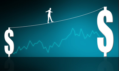 Businessman walking on tight rope between dollar signs