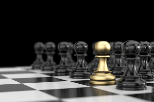 Gold and Black chess concept, 3d illustration.  The Staff or Employees with outstanding work, chosen one. Business and Strategic Planning Concept.