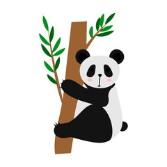 Cute cartoon panda on a tree. Panda descends from a tree. Flat vector illustration isolated on white background.