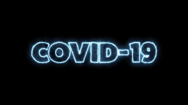 COVID-19 text word written in flaming blue ocean letters on a black background. Animated Graphic motion design illustration advertising 4K UHD. Health, security, Pandemic, world lockdown.