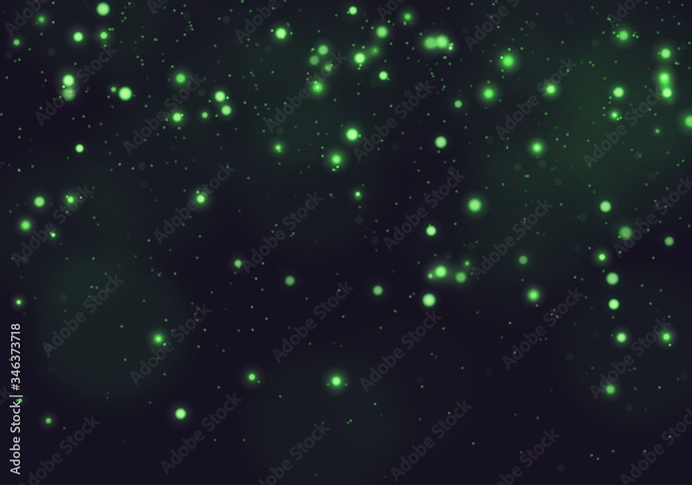 Wall mural green bokeh light background. sparkle effect with particles. magic overlay dust. glitter blur textur