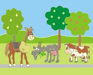 Farm animals on pasture, funny vector illustration