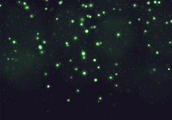 Green bokeh light background. Sparkle effect with particles. Magic overlay dust. Glitter blur texture.