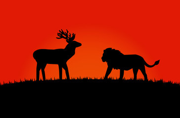 The black silhouette of a lion encounters a moose on a grassy hill with an orange background.