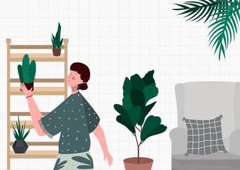 woman puts her collection plants green cactus on a shelf as decoration in the living room vector illustration