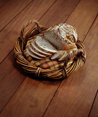 basket bread on wooden table