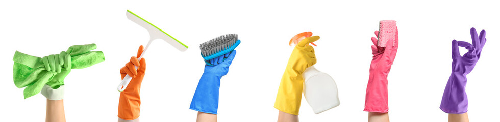 Female hands with cleaning supplies on white background