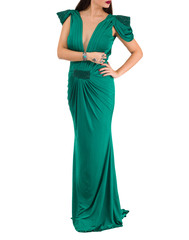 Beautiful woman dressed in evening gown over white background