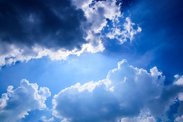 Blue sky with clouds and sun.