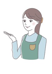 案内するエプロン姿の女性