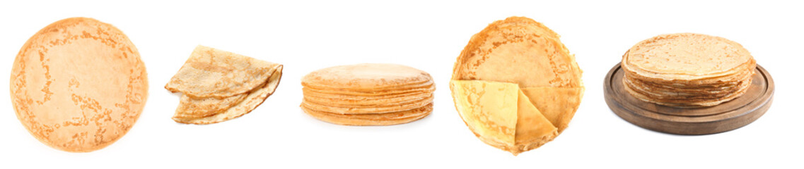 Set of tasty blini on white background