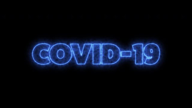 COVID-19 text word written in glowish dark blue letters on a black background. Animated Graphic motion design illustration advertising 4K UHD. Health, security, Pandemic, world lockdown.