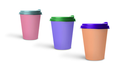 Colorful takeaway coffee cups on white background