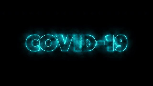 COVID-19 text word written in glowish blue turquoise letters on a black background. Animated Graphic motion design illustration advertising 4K UHD. Health, security, Pandemic, world lockdown.