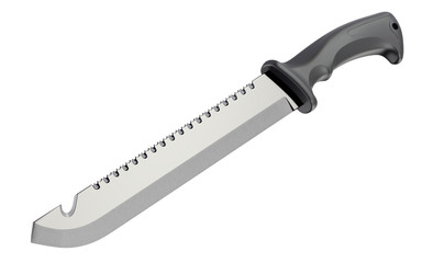 Modern machete with ergonomic handle and saw isolated on white background - 3D illustration