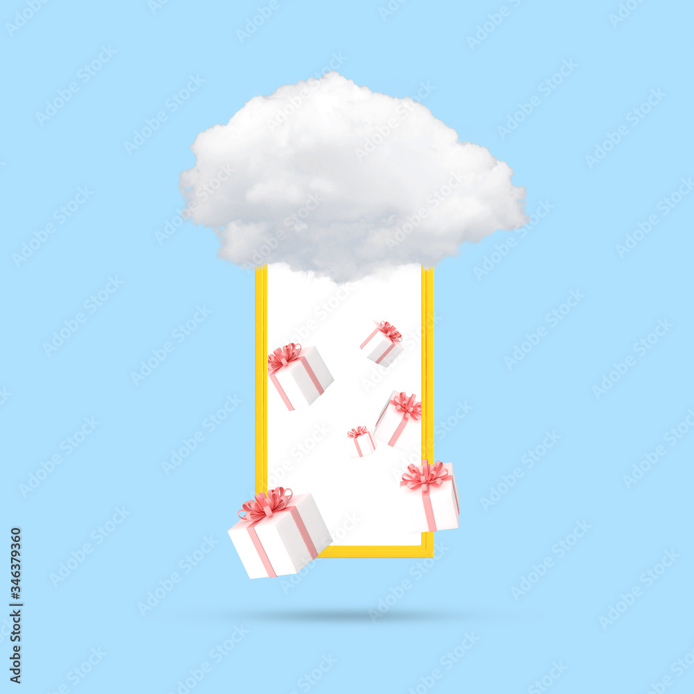 Poster minimal conceptual image of yellow frame with white cloud and floating present boxes on blue backgro