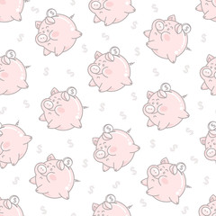 Seamles texture with pink piggy banks and dollar sign. Childish vector pattern piglets and coins